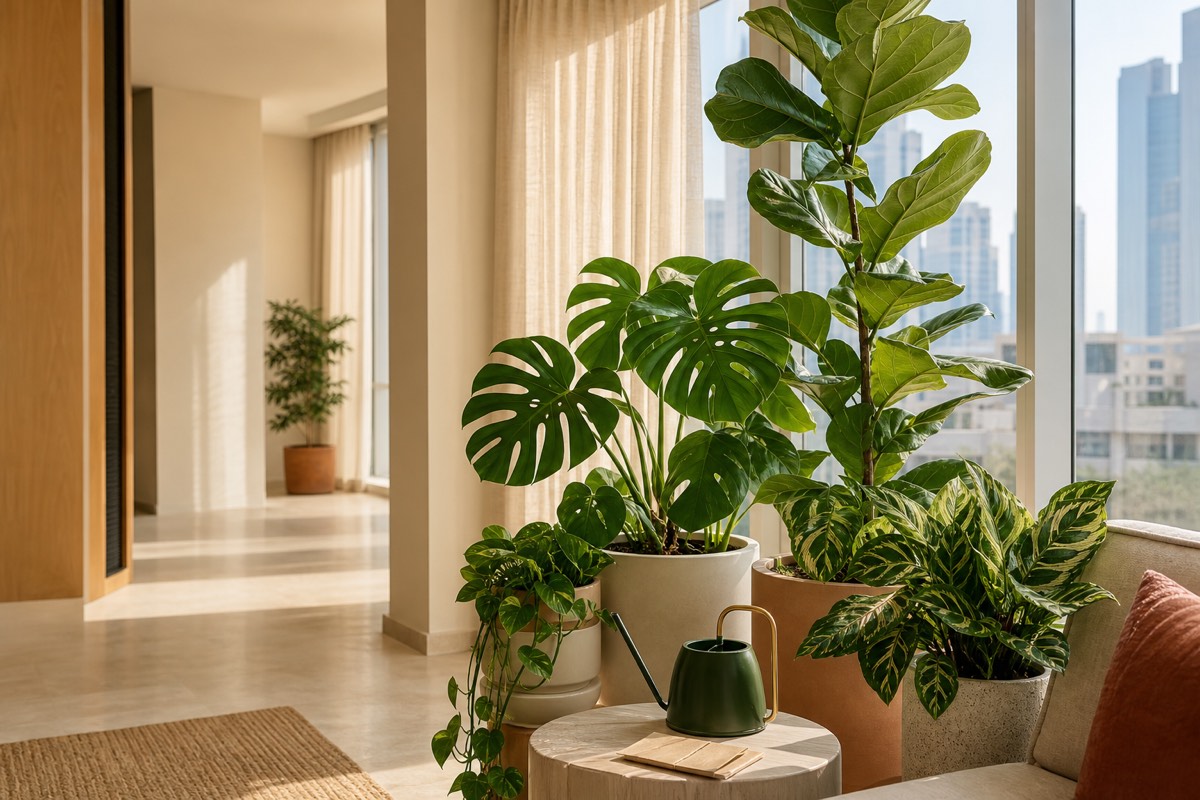 Healthy indoor plants cared for in a Dubai apartment